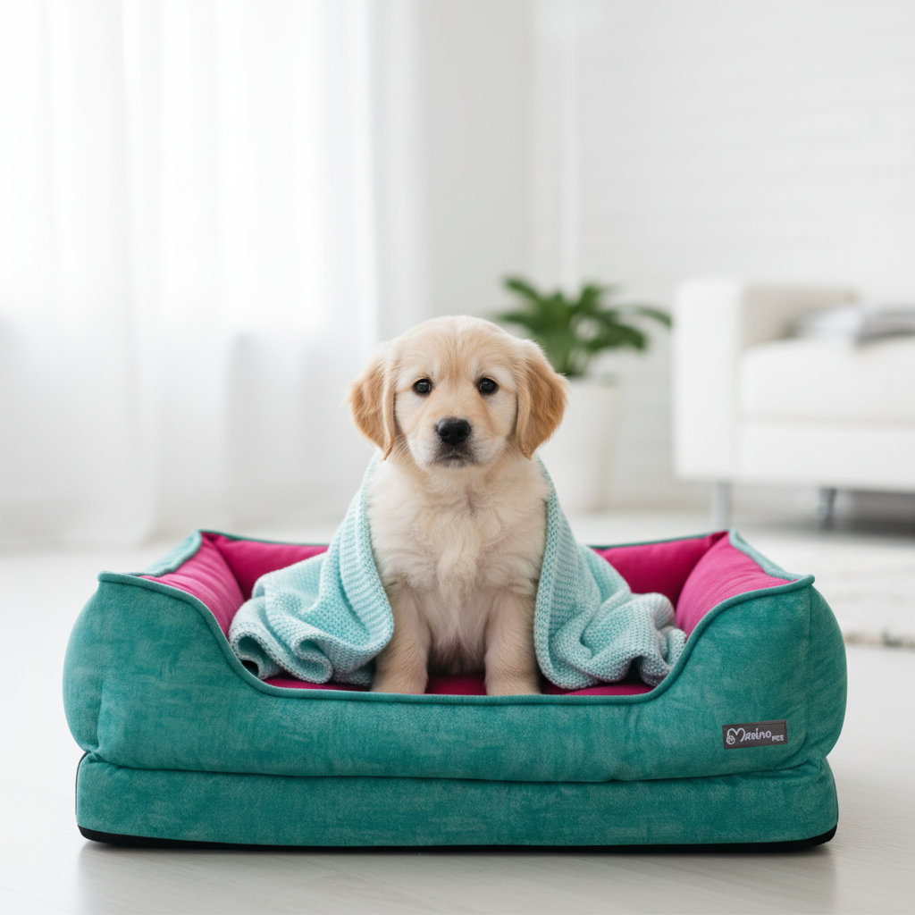 Cachorro curioso sentado en cama turquesa con cobija azul MAXIMO PETS